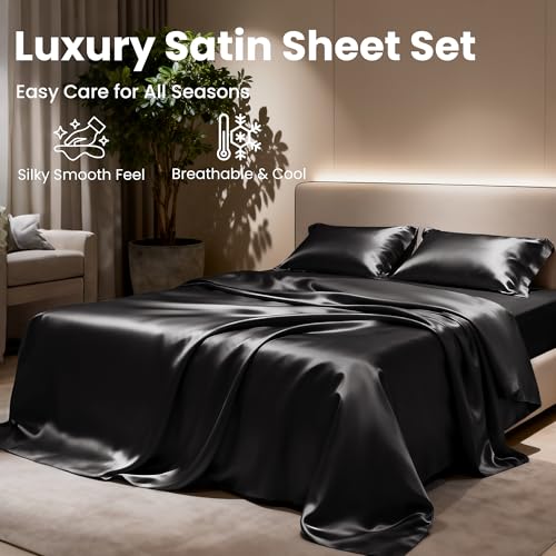 Love's cabin Full Size Satin Sheet Sets - 4 Piece Black Silky Sheet Set with Deep Pocket, Luxury Silk Feel Bed Sheets Full Bedding Set (1 Flat Sheet,1 Fitted Sheet,2 Pillow Cases) Love's cabin