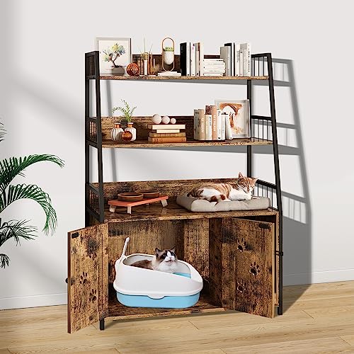 DKLGG Cat Litter Box Enclosure with 3 Shelve, Large Wood Cat Litter Box Furniture with Hook and Scratch, Hidden Wood Sturdy Cat Washroom, Fit Most of Litter Box DKLGG