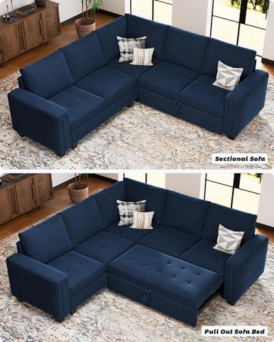 Belffin Modular Sectional Sleeper Sofa with Pull Out Couch Bed Velvet Convertible L Shaped Sectional Couch for Living Room Apartment Blue Belffin