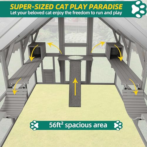 YITAHOME Extra Large Catio Outdoor Cat Enclosure, 110 Inch Outside Cattery with Weatherproof Roof, Scratcher Ramp, Cat Space Capsule Bed, 2 Bridges, 2 Resting Houses, 7 Solutions YITAHOME
