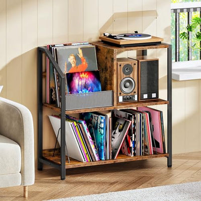 CHOEZON Large Record Player Stand, Vinyl Record Holder, Vinyl Display Rack, Rustic Turntable Display Stand, for Books, Rustic Brown and Black TCW08BF