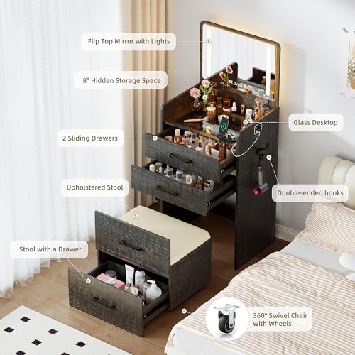 Lvifur 3 in 1 Vanity Desk with Flip Top Mirror and Lights,Glass Top Compact Vanity with 3Drawers &Rolling Stool, Modern Small Makeup Vanity Table w/Charging Station,Bedroom,Rustic Oak Lvifur