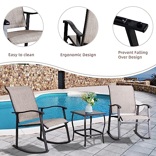 Vongrasig 3 Piece Outdoor Rocking Bistro Set, Textilene Fabric Small Patio Furniture Set, Front Porch Rocker Chairs Conversation Set with Glass Table for Lawn, Garden, Balcony, Poolside (Taupe) Vongrasig