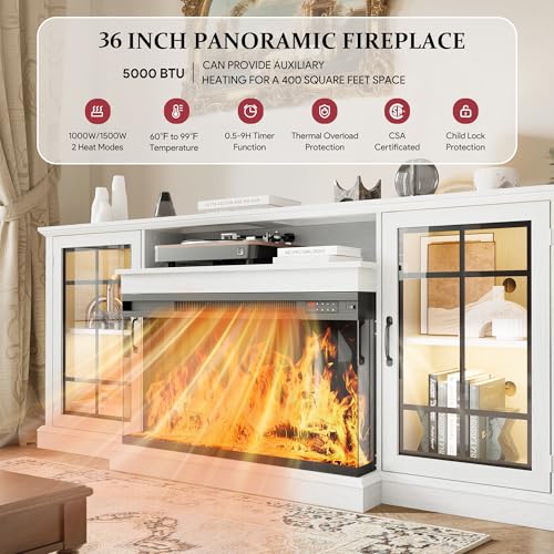 MXV 70'' Fireplace TV Stand, Farmhouse Entertainment Center with 3 Sided Glass TV Stand, Modern Media Console Table with Storage Drawers & Cabinets with LED Flame and Lights for Living Room, White MXV