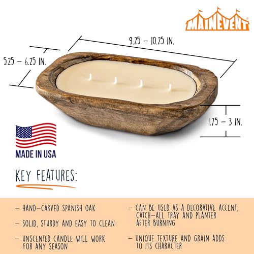 Wooden Dough Bowl Candle 10 Inch, Soy Candle, Farmhouse Candles for Table, Wood Boat 4 Wick, Décor, Unscented MAINEVENT