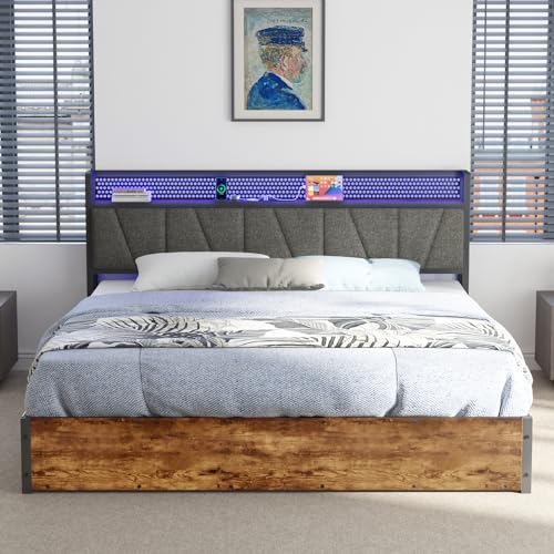AMERLIFE King Size Lift Up Bed Frame with Linen Upholstered & LED Light & Storage Headboard, Platform Bed Frame with Charging Station, No Box Spring Needed, Noisy Free, Rustic Brown AMERLIFE