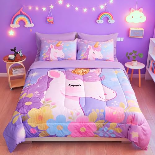 ZUEXVOFY Twin Comforter Set for Girls 5 Piece Purple Unicorn Bedding Set for Girls Super Soft Microfiber Bed Set Bed in a Bag with Comforter Sheets Pillowcase & Sham ZUEXVOFY