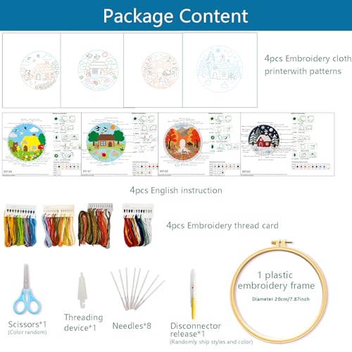 Zhenqing Four Seasons Embroidery Kit for Beginners, 4-Pack Circular Scenes with 20cm Hoop, Pre-Printed 29x29cm Fabric & Threads, Spring Summer Fall Winter Landscape Designs(C0182)