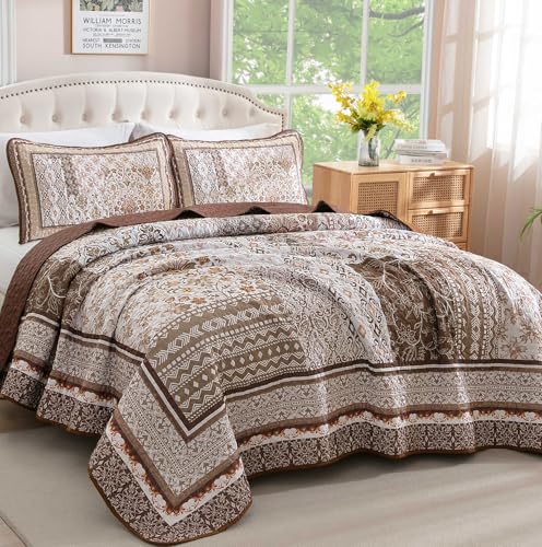 WONGS BEDDING Brown Quilt Set Queen Size,Bobo Floral Bedspread Coverlet Set, 3 Pieces Bohemian Patchwork Floral Pattern Bedspreads Bedding Quilt Set for All Seasons (96"x90") WONGS BEDDING