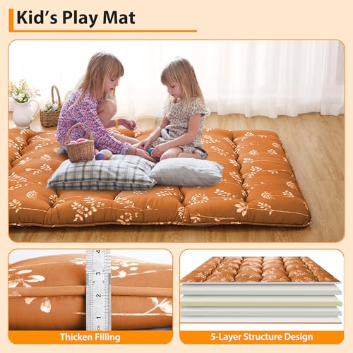 IDEALHOUSE Japanese Floor Mattress, Roll-Up Futon, Full Size, Flowers Printed Thicken Futon Mattress for Floor, Microfiber Cotton Sleeping Pad for Guest Room, Camping and Kids Play Mat, Brick Red IDEALHOUSE