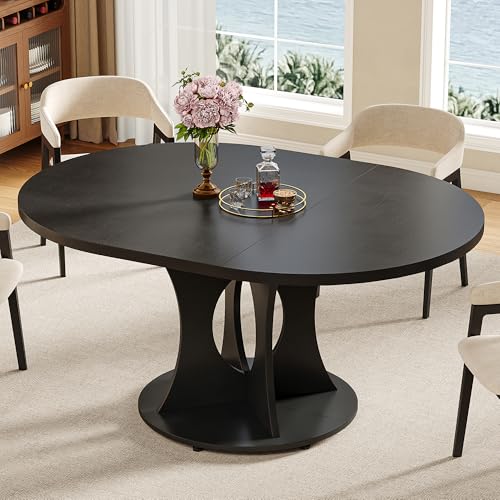 iPormis 43.3-59 Inch Extendable Round Dining Table for 6-8 People, Oval Dinner Table with Adjustable Top and A Stable Round Pedestal Base, Space Saving Wooden Kitchen and Dining Table, Black iPormis