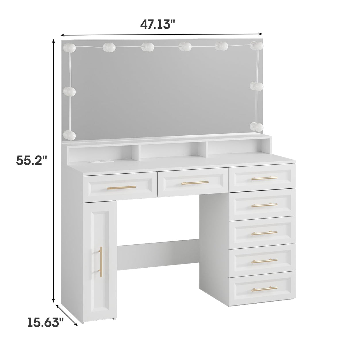 Vabches Large Makeup Vanity Desk, 47" White Vanity Table with Mirror and Lights, 3 Modes Adjustable Brightness and Jewelry Cabinet, Glass Top Vanity with Power Outlet and 7 Drawers for Bedroom Vabches