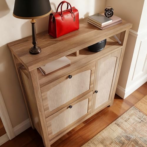YITAHOME Farmhouse Shoe Cabinet with 2 Flip Drawers, Rattan Shoe Rack w/Adjustable Shelves and Open Storage, Rustic Wood Entryway Organizer for Hallway, Foyer, Porch, Living Room, Light Oak YITAHOME