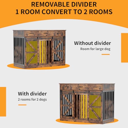 kepptory 48 Inch Large Dog Crate Furniture with 3 Storage Drawers, Wooden Pet Kennel with Removable Divider, Dog Kennel End Table TV Stand, Farmhouse Style Dog Crates with Sliding Barn Door (Brown) kepptory