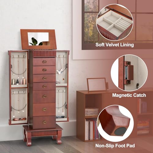 Giantex Standing Jewelry Armoire Cabinet Storage Chest with 7 Drawers, 2 Side Doors, 12 Necklace Hooks, Makeup Mirror and Top Divided Storage Organizer, Large Standing Jewelry Armoire Giantex