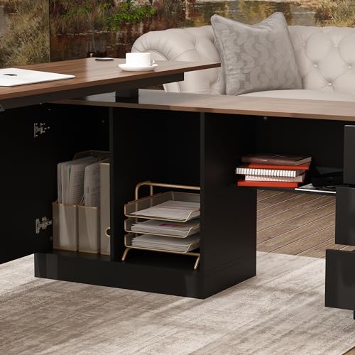 Homsee Home Office L Shaped Electric Standing Desk with Drawers and Shelves, Height Adjustable Stand up Desk, 63" Computer Executive Corner Table, Walnut & Black Homsee