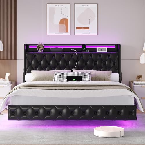 Keyluv King Floating Bed Frame with LED Lights & Charging Station, Upholstered PU Leather Platform Bed with Button Tufted Storage Headboard, No Box Spring Needed, Noise-Free, Easy Assembly, Black Keyluv