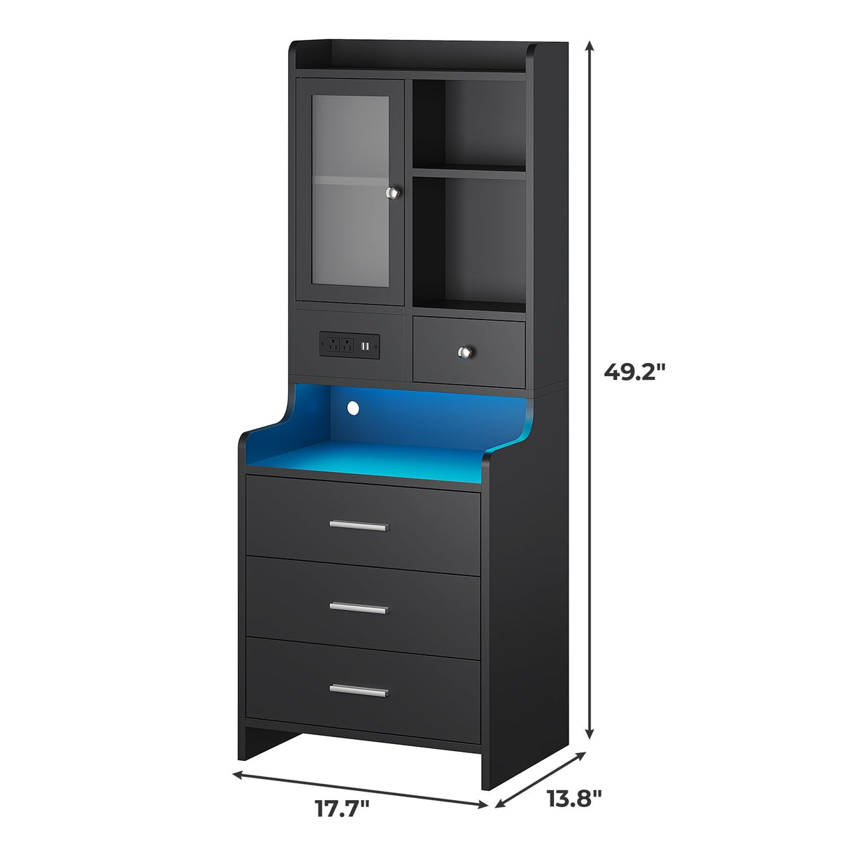 ADORNEVE Tall Night Stand with Charging Station and LED Lights,49.2" Nightstand with Bookshelf, Black Bedside Table with Drawers,End Side Table for Bedrooms ADORNEVE