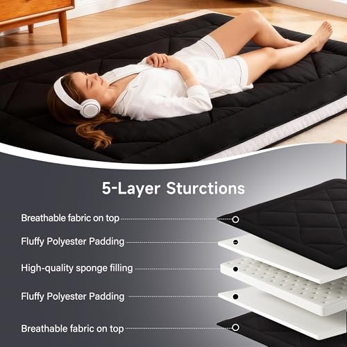 Welnow Japanese Futon Floor Mattress, Thick Full Size Tatami Mat Portable & Foldable Roll Up Floor Bed Mattress with Storage Bag, Sleeping Pad for Adults, Dorm, Guest Bed, Camping and Travel, Black Welnow
