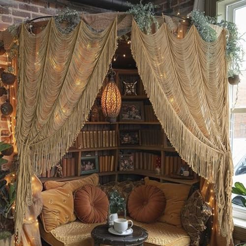 Macrame Curtain Boho Curtain Doorway Window Wall Decor Fiber Yarn Art Handwoven Wall Hanging Art Craftsmanship Home Door Bedroom Wedding Backdrop Arch,Closet Room Divider 59" W x 75" H (1 Panel,Khaki) Flber