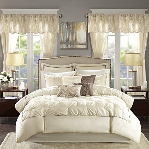 Madison Park Essentials Room in a Bag Faux Silk Comforter Set - Luxe Diamond Tufting All Season Bedding, Matching Curtains, Decorative Pillows, Ivory King(104"x92") 24 Piece Madison Park