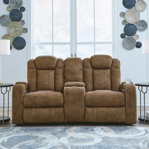Signature Design by Ashley Wolfridge Contemporary Faux Leather Power Reclining Loveseat with Console, Cup Holders and USB Ports, Light Brown Signature Design by Ashley