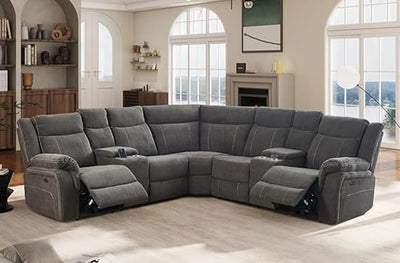 Power Reclining Sofa with Fabric Upholstery, 2 Consoles, USB Port and Cup Holders, Sectional Reclining Couch for Living Room