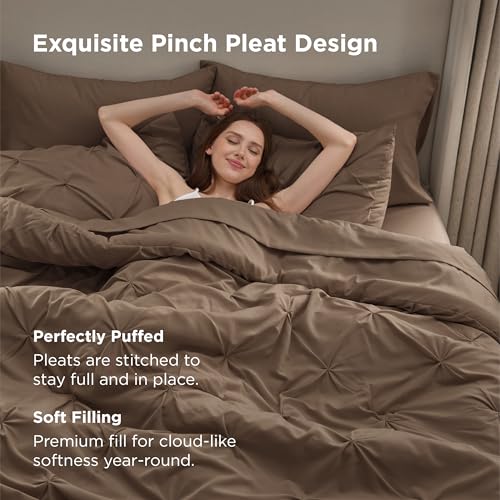 Bedsure Queen Comforter Set Brown - Bed in a Bag Queen Size Bedding 7 Pieces, GentleSoft™ Pintuck Bed Set Gift for Family, Pinch Pleat All Season Comforter with Sheets, Pillowcases & Shams Bedsure