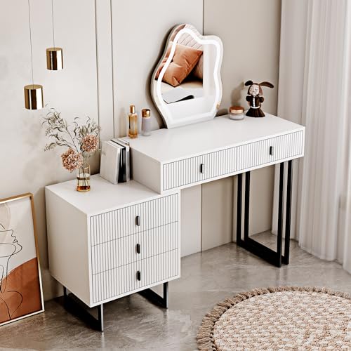 Ieejdn White Vanity Desk with Mirror and Lights,Small Makeup Vanity with 5 Drawers,Modern Makeup Table with Adjustable Cabinet for Bedroom,Makeup Room Ieejdn