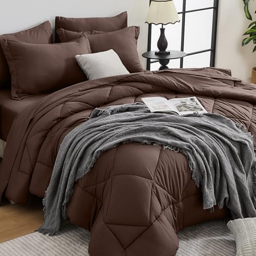 HEVUMYI Brown Queen Comforter Set - 7-Piece All Season Bed in a Bag Queen, Ultra Soft Bedding Set with Comforter, Flat Sheet, Fitted Sheet, Pillowcases, Pillow Shams HEVUMYI