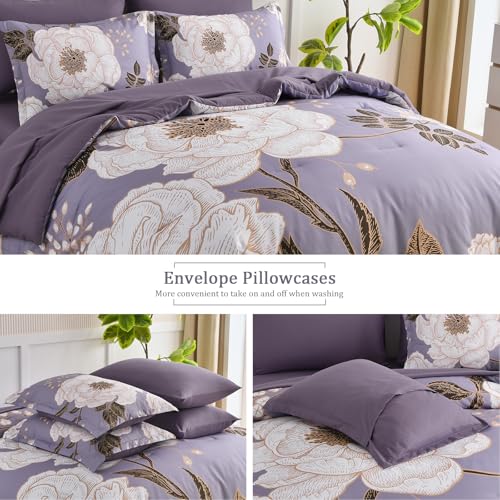 Luxudecor Floral King Comforter Set 7 Pieces Bed in a Bag, White Flower Print on Light Purple Bedding Set, Soft Reversible Comforter with Sheet Set 104"x90" Luxudecor