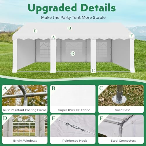 EROMMY 20x20ft Party Tent, Heavy Duty Large Wedding Canopy Outdoor Carport with 6 Removable Sidewalls, 2 Roll-up Doors, 2 Storage Bags, Gazebo Shelter Tent for Party Event Commercials, White EROMMY