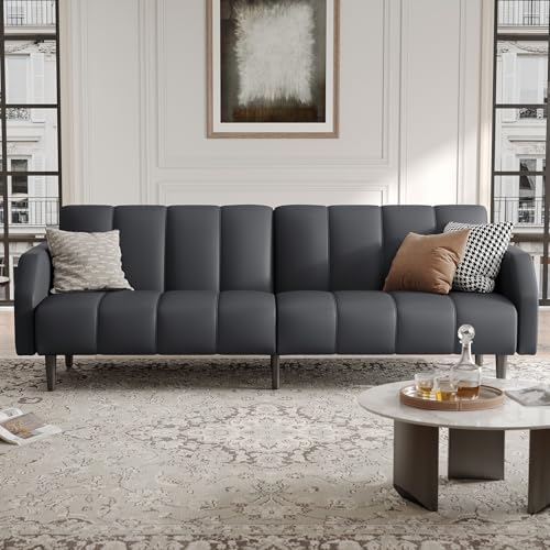 COPIAE Faux Leather Sofa Bed, 78“ Futon Sofa Bed, Adjustable Futon Set Backrest, Sleeper Sofa Couch, Modern Decor Love Seat Couches, Upholstered Couch for Living Room, Bedroom, Dark Gray COPIAE