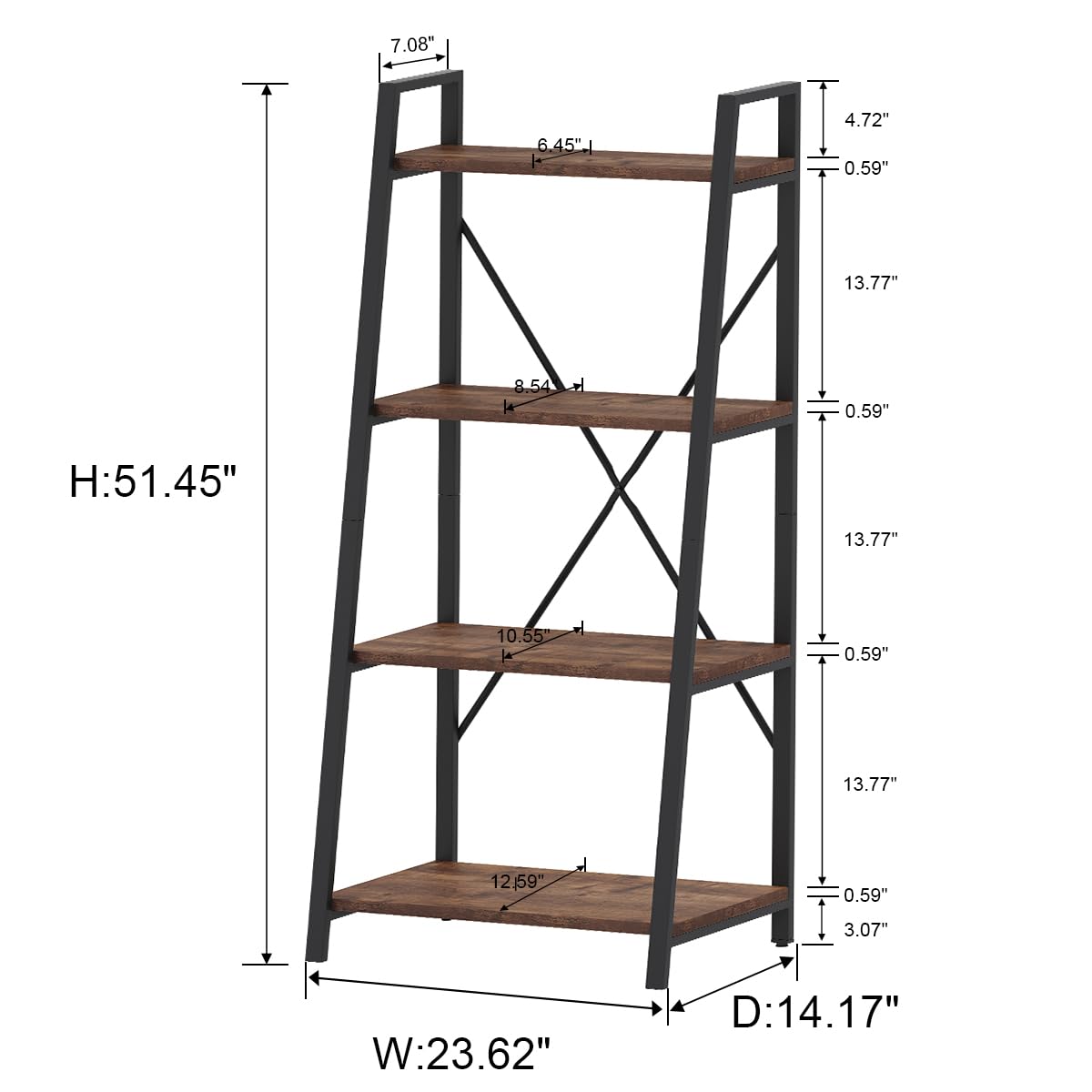 BON AUGURE Industrial Ladder Shelf Bookcase, 4 Tier Rustic Ladder Bookshelf, Standing Leaning Book Shelves for Living Room (Rustic Oak) BON AUGURE