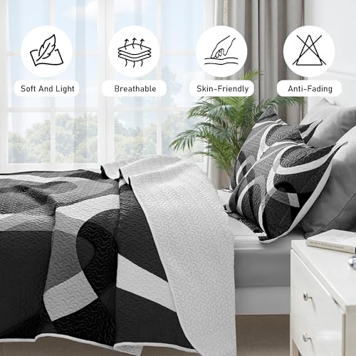 weesire Black and White Bedding Quilt King Size with 2 Shams, Modern Stripe Comforter Sets Classic Line Pattern Bedspreads Grey and White Coverlet, 96''x106'' weesire