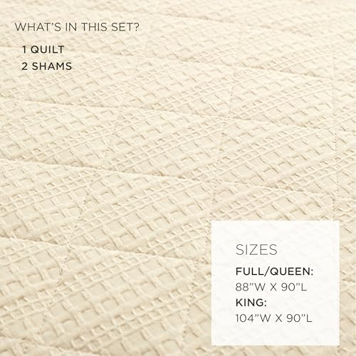 Lush Decor Haniya Solid Waffle Woven Textured Cotton Quilt Set, 3 Piece Set, Full/Queen, Neutral - Soft Waffle Quilt - Neutral Bedding Set - Minimalist, Modern & Farmhouse Bedroom Decor Lush Decor
