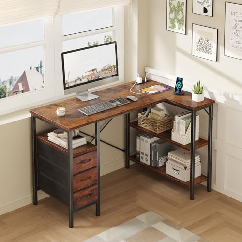 DUMOS L Shaped Desk with Shelf Drawers 47 Inch, Brown Corner Computer Desks Gaming with Power Outlet, Study Table with Adjustable Shelves, Home Office Tables for Bedroom Teacher Reading Writing DUMOS