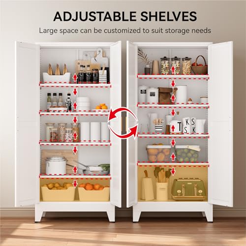 COFaR 71" Metal Pantry Cabinet with 5 Adjustable Shelves, White Storage Cabinet with Doors, Sturdy Freestanding Cupboard for Kitchen Organization, Living Room & Bathroom COFaR