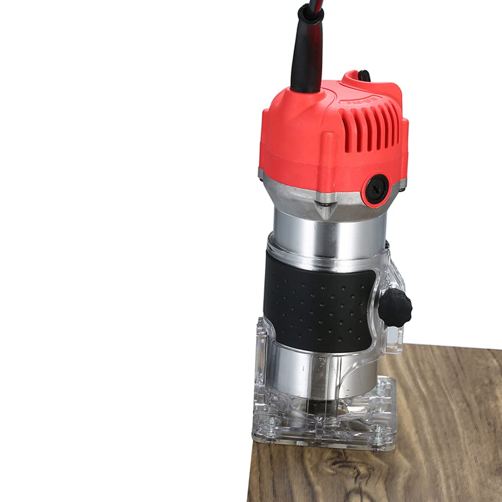 Wood Router, Weytoll 110V 800W Compact Router Tools 30000r/min with Transparent Base Edge Guide Electric Trimmer Compact Palm Router Corded for Woodworking Trimming Slotting Notching/Aluminum Red Weytoll