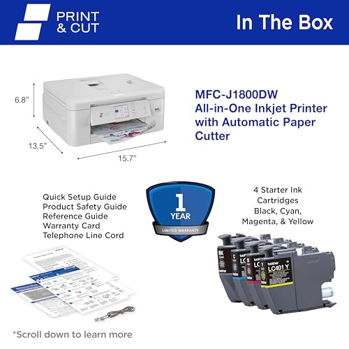 Brother Print & Cut MFC-J1800DW Wireless Color All-in-One Inkjet Printer with Automatic Paper Cutter | Includes 4 Month Refresh Subscription Trial(1), Amazon Dash Replenishment Ready Brother