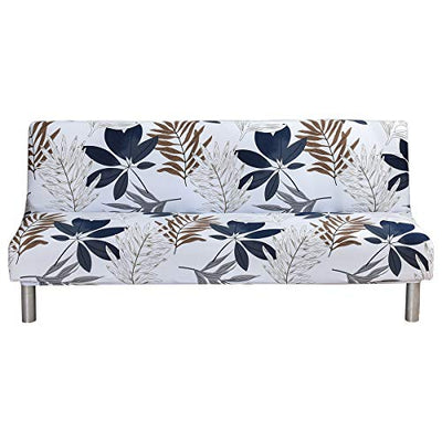 MIFXIN Armless Sofa Cover Futon Slipcover Stretch Elastic Folding Sofa Bed Non-Armrest Couch Furniture Protector Spandex Printed Washable Sofa Cover Without Armrests (Grey Blue Leaf)