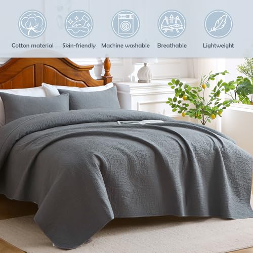 Aqzuxira Gray 100% Cotton Quilt Set Queen Size, 3 Piece Modern Textured Bedspread with Coin Pattern, Lightweight Crinkly Coverlet Sham Set, Soft Minimalist All Season Bedding, Garment-Washed Aqzuxira