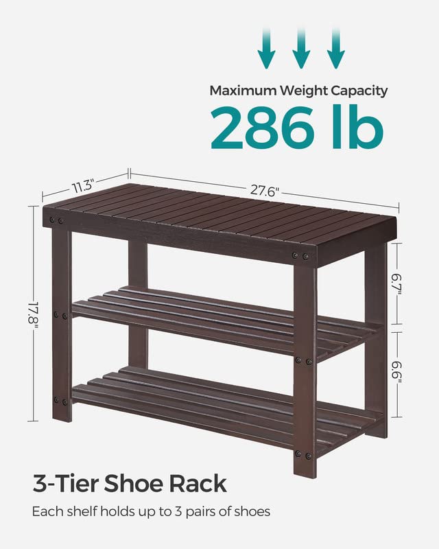 SONGMICS Shoe Rack Bench, 3-Tier Bamboo Shoe Storage Organizer, Entryway Bench, Holds Up to 286 lb, 11.3 x 27.6 x 17.8 Inches, for Entryway Bathroom Bedroom, Brown ULBS04Z SONGMICS