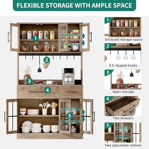 YITAHOME 71" Farmhouse Kitchen Pantry Storage Cabinet with Power Outlet, Freestanding Glass Door Display Pantry Hutch with Microwave Stand & Adjustable Shelves & Large Countertop for Home, Lvory Grey YITAHOME
