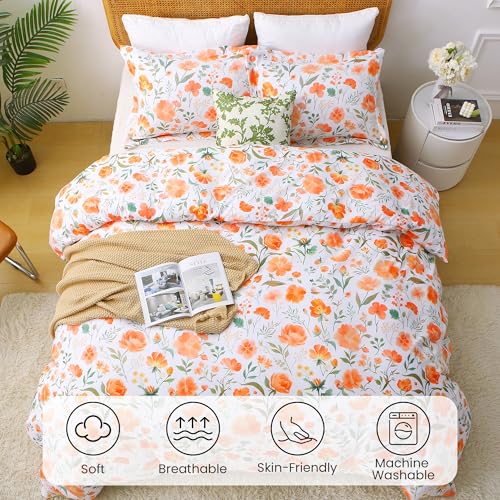 Mooreeke Floral Duvet Cover Queen Size, 3 Piece Orange Flower Duvet Cover Set with Zipper Closure, Soft & Breathable Microfiber Botanical Patterns Bedding Set with 4 Corner Ties and 2 Pillow Shams Mooreeke