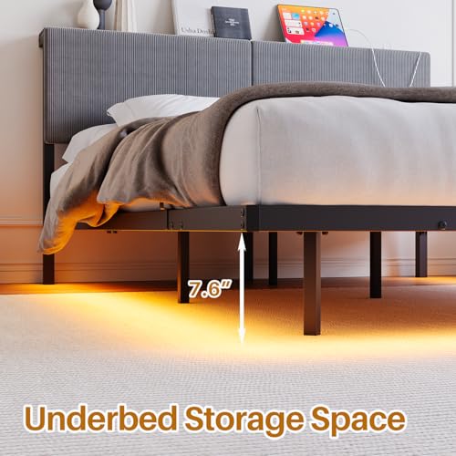 HOMERECOMMEND Floating Bed Frame Queen Size with Storage Headboard and Charging Station, Upholstered Platform Bed with LED Light, Heavy Duty Metal Slats, No Box Spring Needed,Black and Grey HOMERECOMMEND