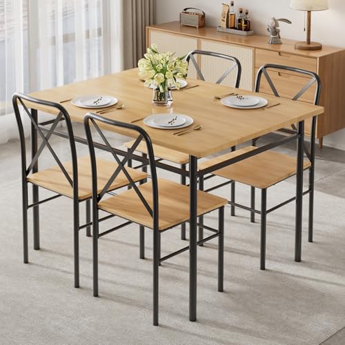 VECELO 5-Piece Kitchen Dining Table Set, Wood Tabletop & Heavy-Duty Metel Frame, Rectangle Dinette with 4 Chairs for Small Space, Breakfast Nook, Natural Black VECELO