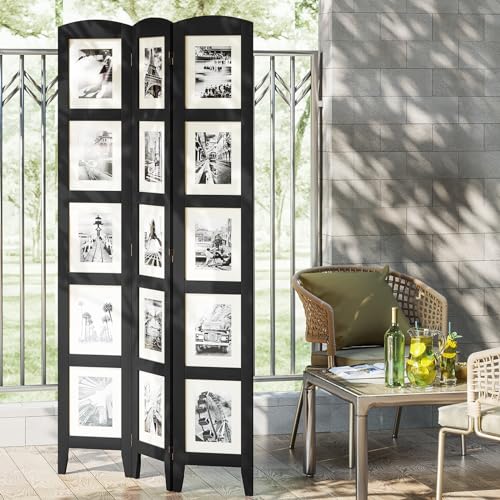 SZQINJI 3 Panel Photo Room Divider Screen, Solid Wood Divider for Room Separation for 8x10 Picture Frame Without Mat for 5x7 Photo with Mat, Black SZQINJI