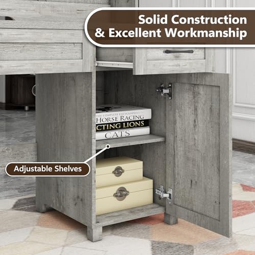 Vabches Farmhouse 47" Executive Desk, Computer Desk with 2 Drawers, LED Light and Storage Cabinet, Home Office Desk with Hutch, Charging Hub, Workstation for Home Office and Study(Grey Vabches