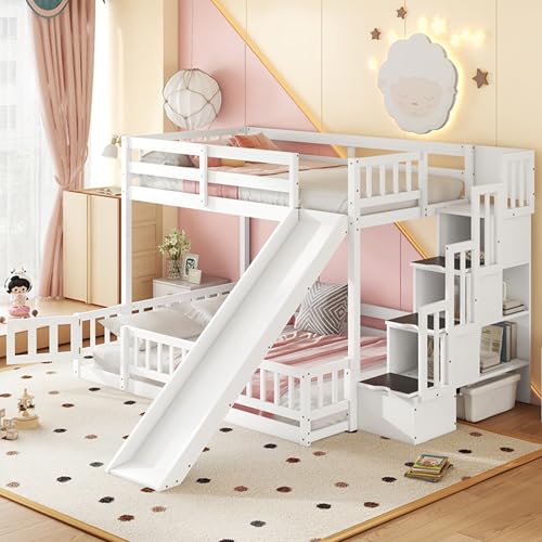 Twin Over Full Bunk Bed with Slide and Storage Staircase,Floor Bunk Beds,Kids Bunk Bed with Safety Guardrails,Low Bunk Bed for Girls Boys,White Bellemave